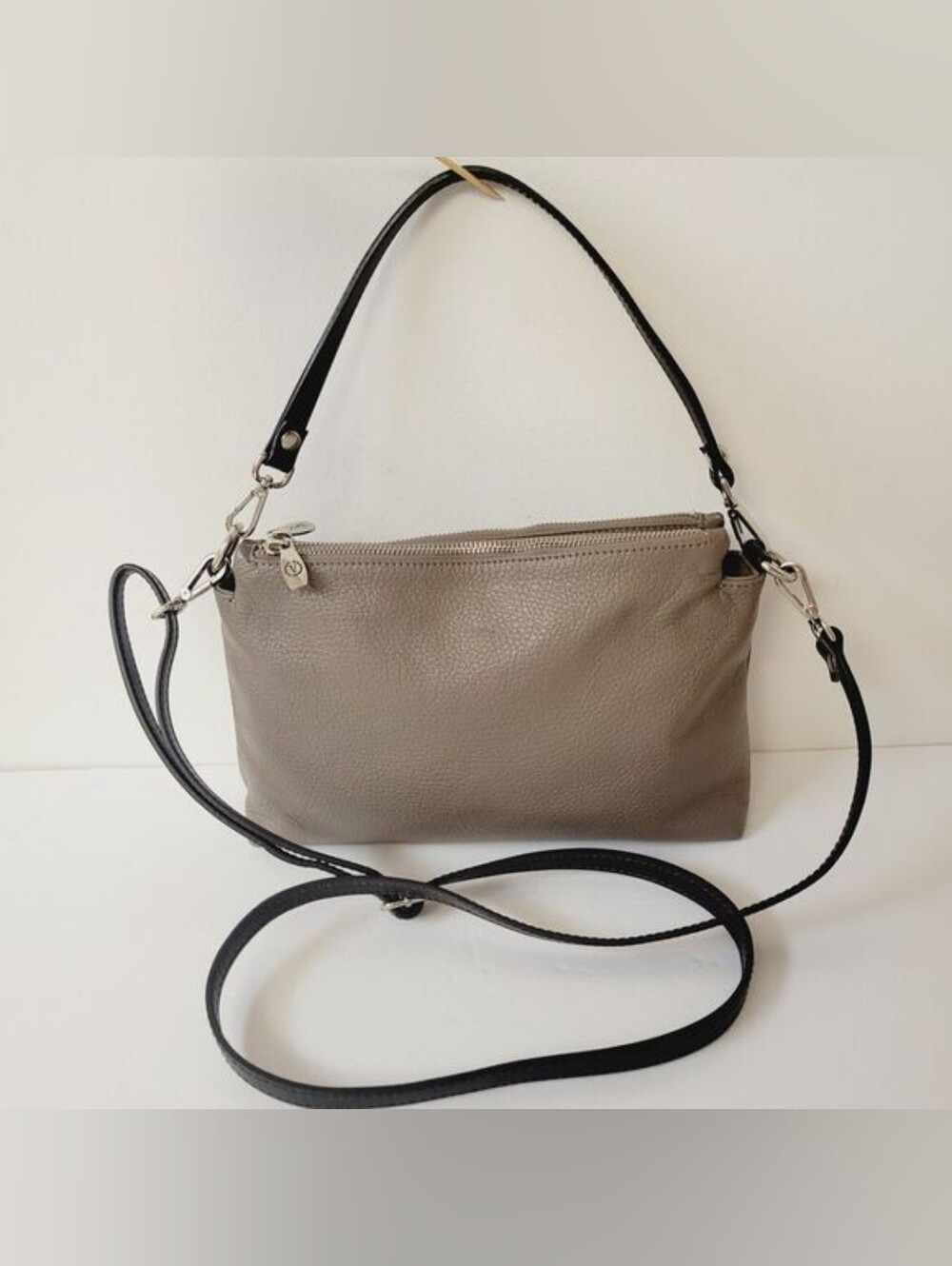 Valentina Taupe Pebbled Leather Crossbody with Black Strap